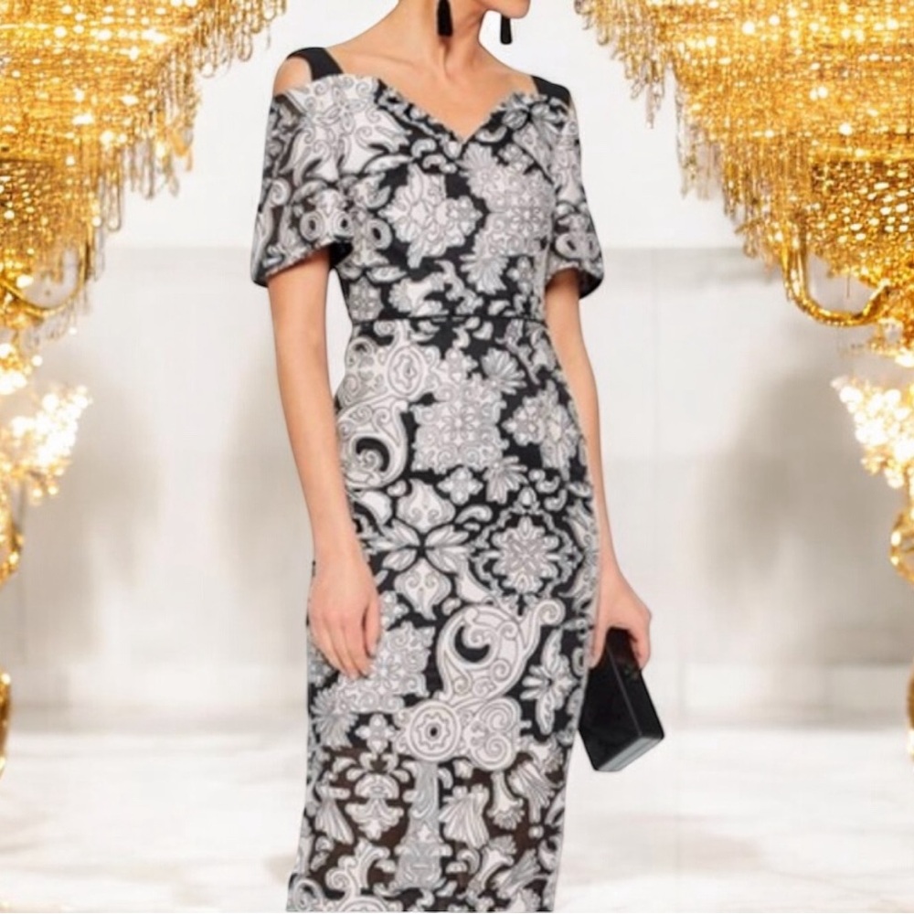Roland Mouret Awalton Beige Embroidered Brocade on Black Off Shoulder Dress US 6
